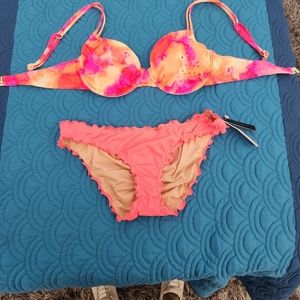 2 piece bikini. Small Coral bottom and multi color w/coral top 32D